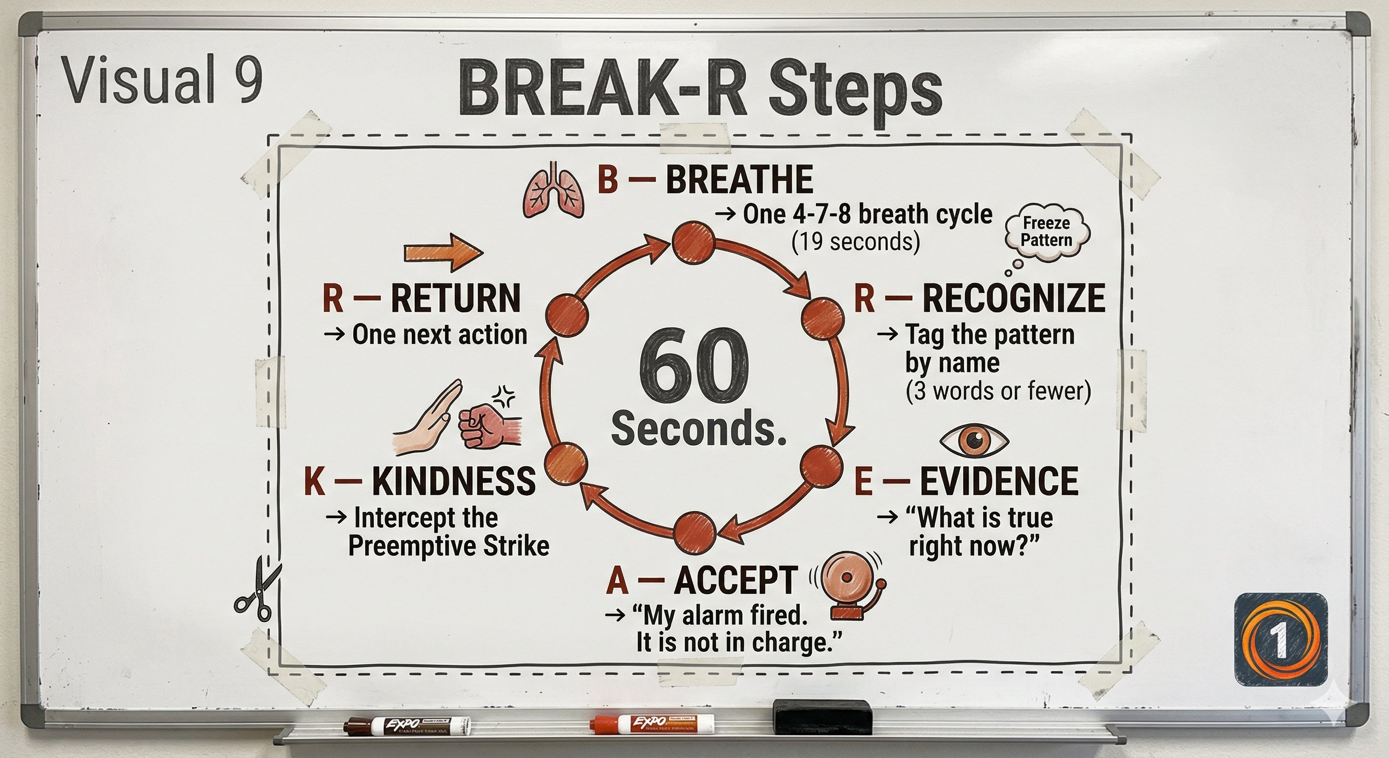 BREAK-R Steps — a six-step 60-second protocol: Breathe, Recognize, Evidence, Accept, Kindness, Return